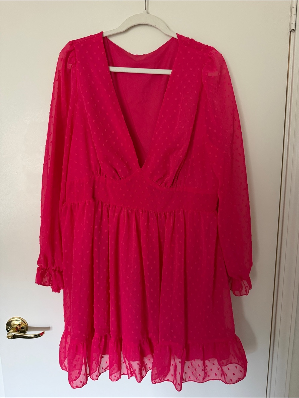 Hot Pink Swiss Dot Long Sleeve Dress
